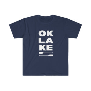 OK LAKE - Unisex Softstyle T-Shirt White logo