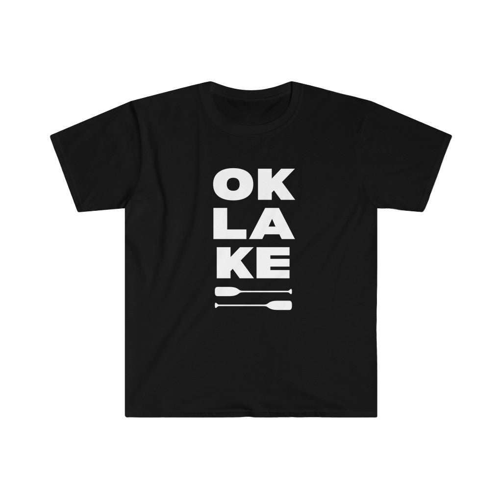 OK LAKE - Unisex Softstyle T-Shirt White logo